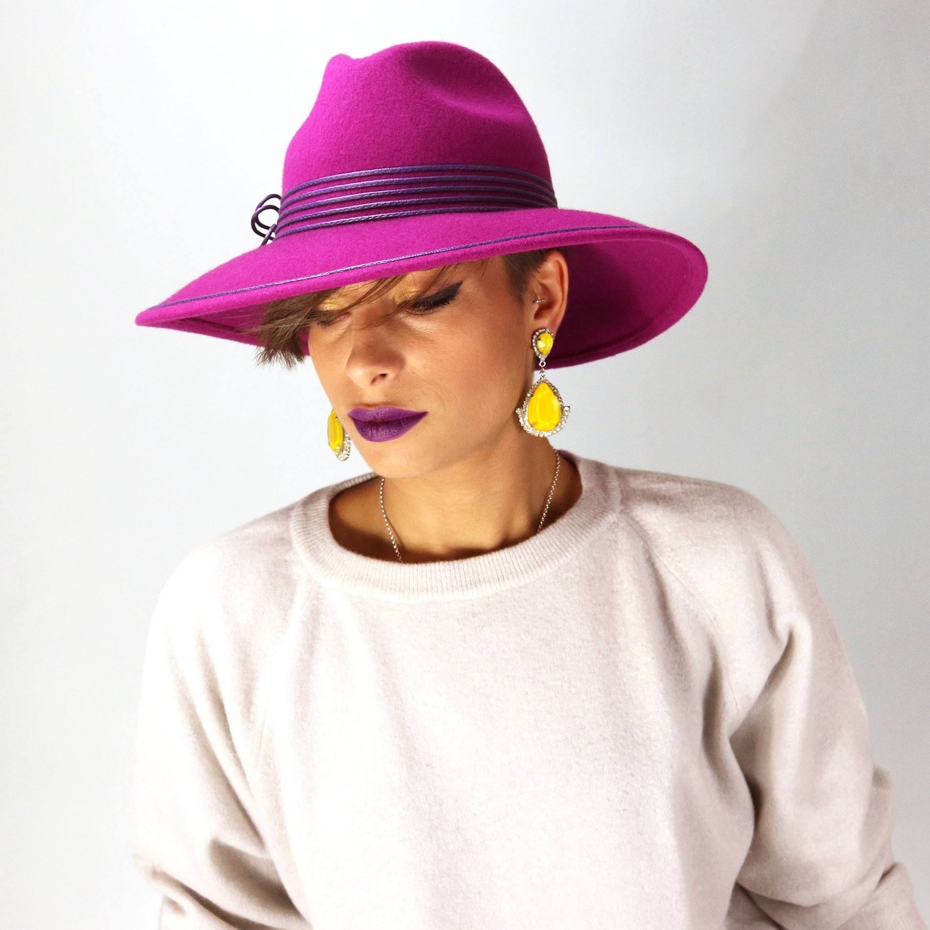Cappello lobbia in feltro a falda larga - Colore fucsia